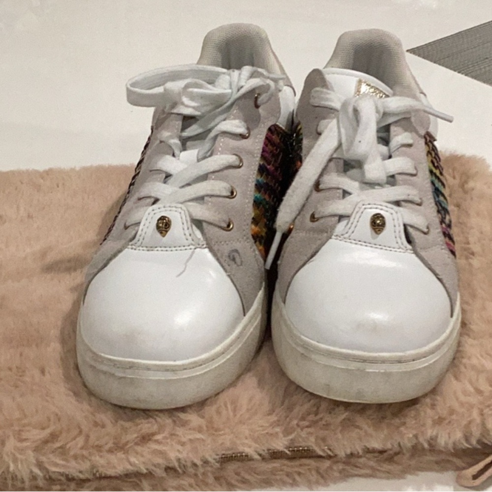White and Gray Sneakers with Multicolor Accents